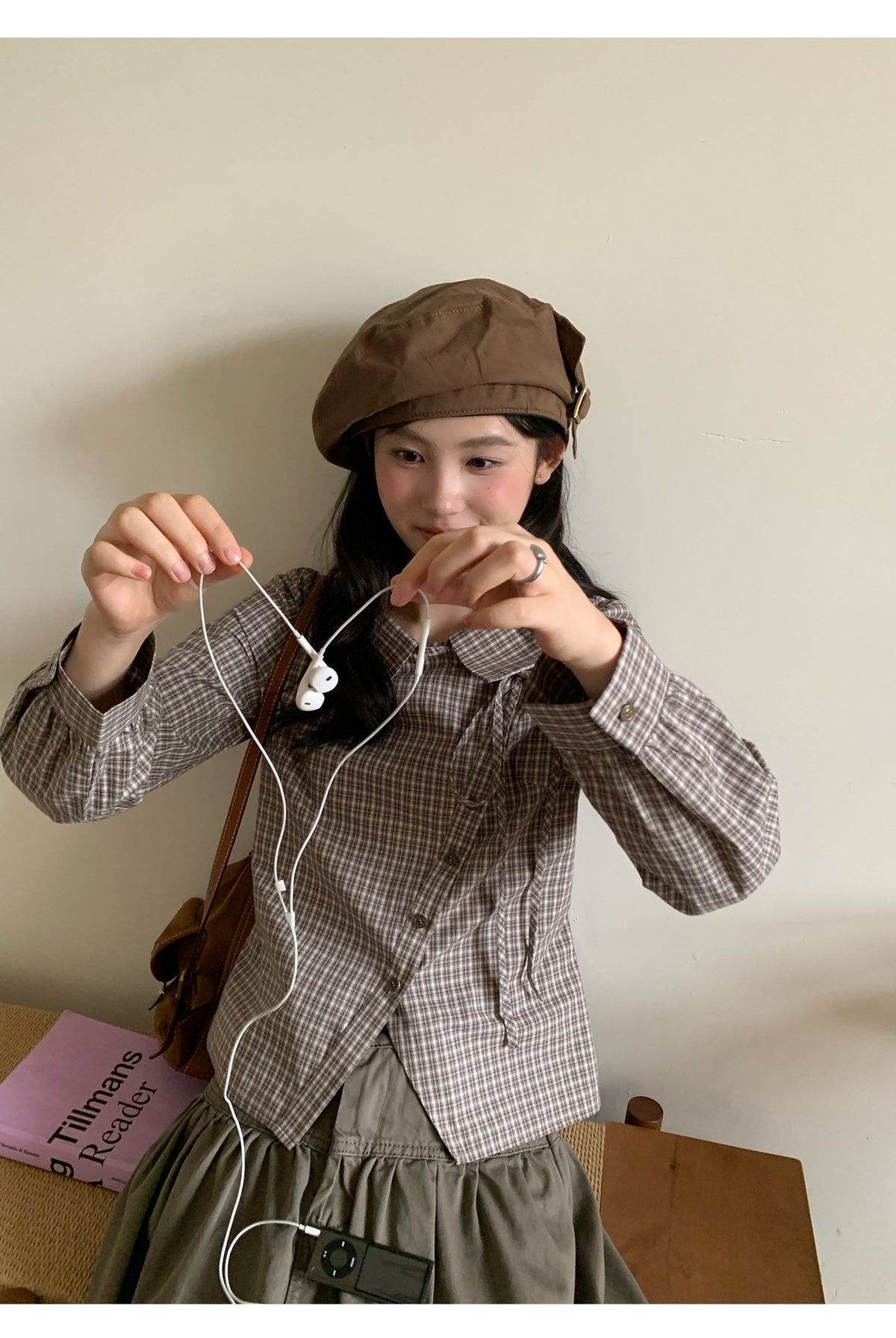 韓国風レトロチェック アシンメトリーボタン長袖シャツ   SS066