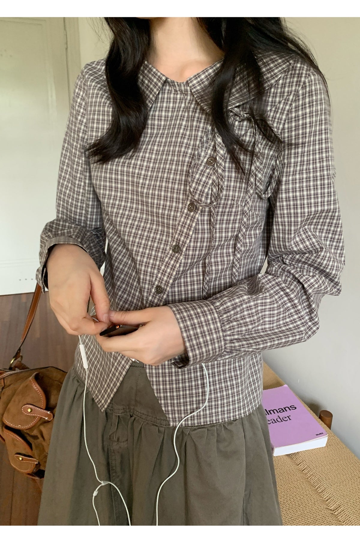 韓国風レトロチェック アシンメトリーボタン長袖シャツ   SS066