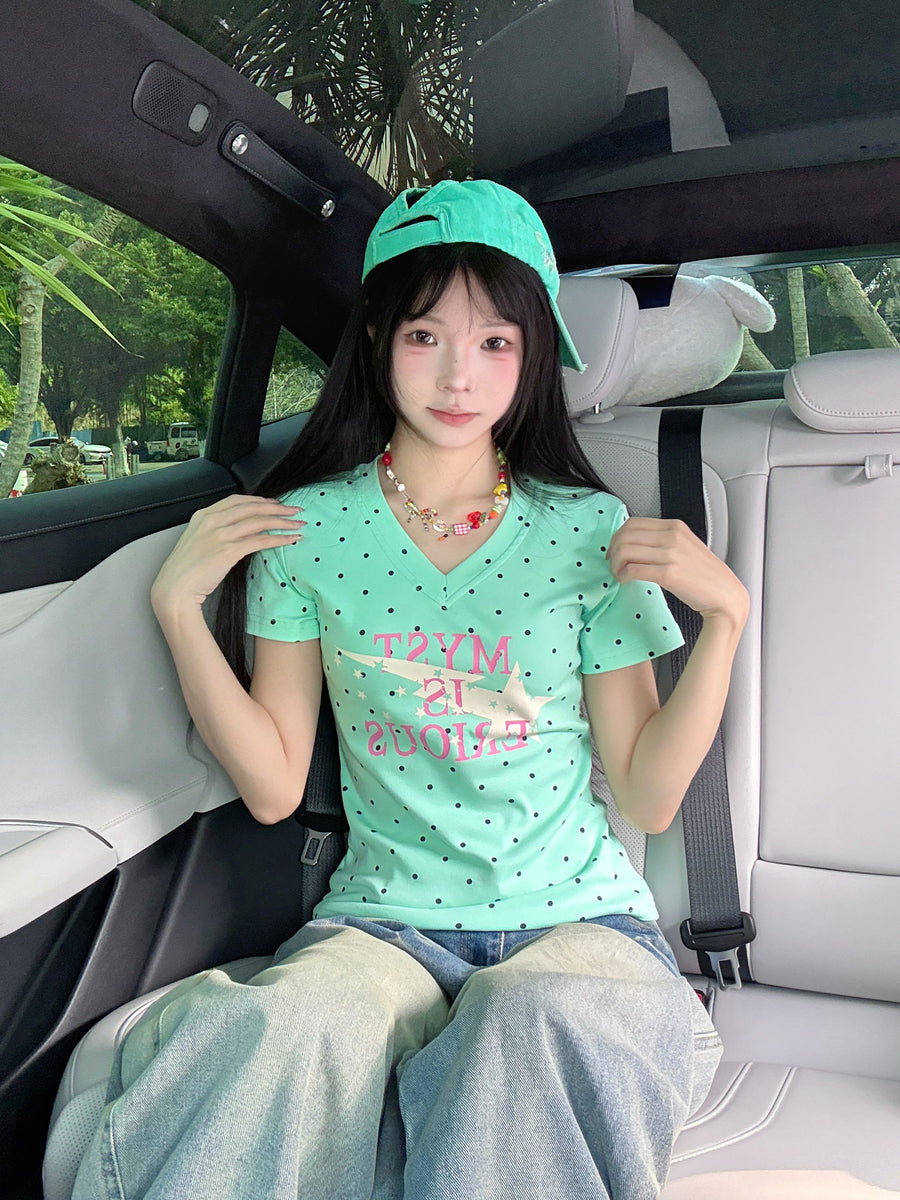 アメリカンレトロ ドットロゴプリント スリムTシャツ  SS007