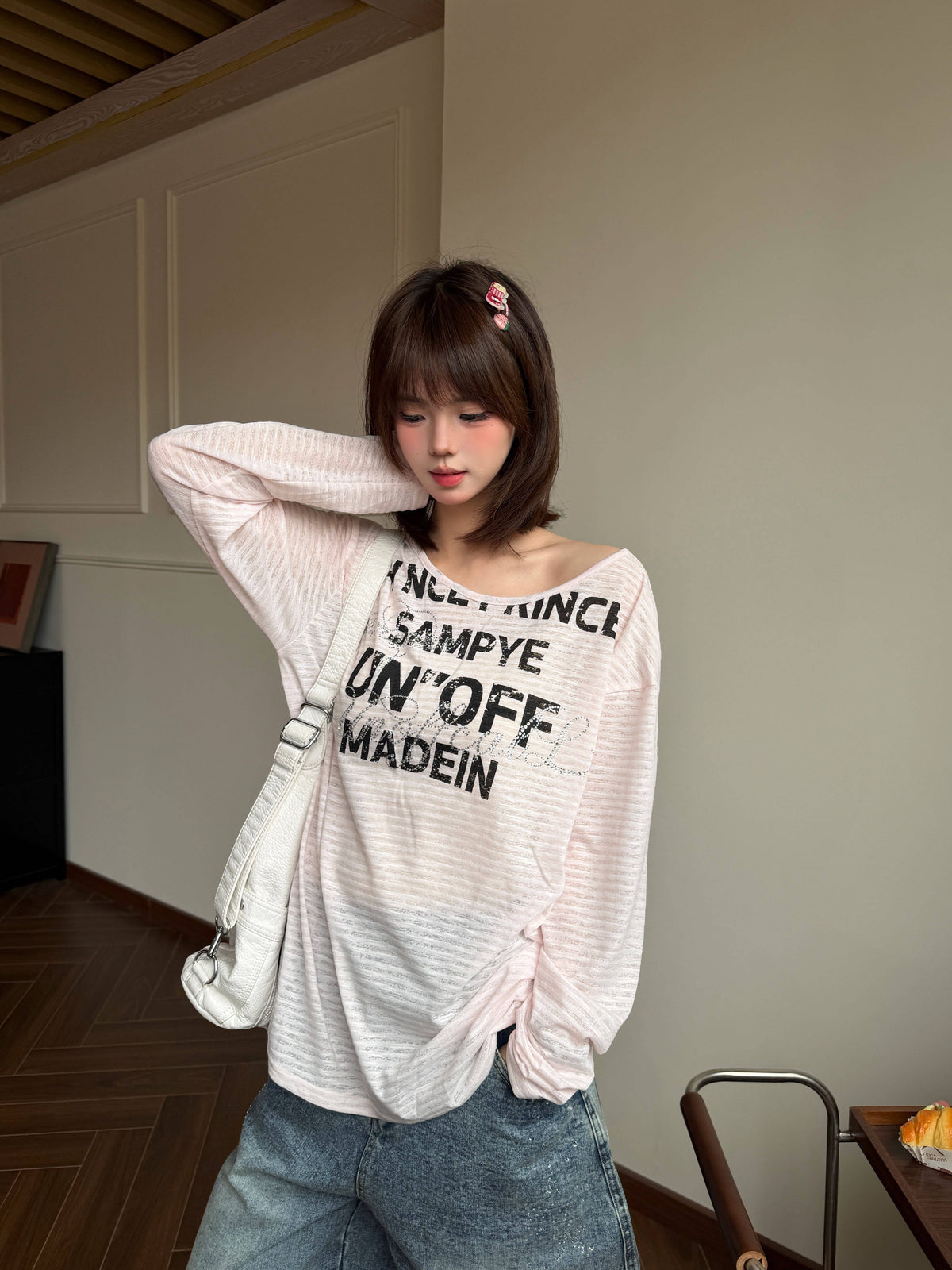 韓国レトロ ボーダーロゴ アシンメトリー長袖Tシャツ  SS016