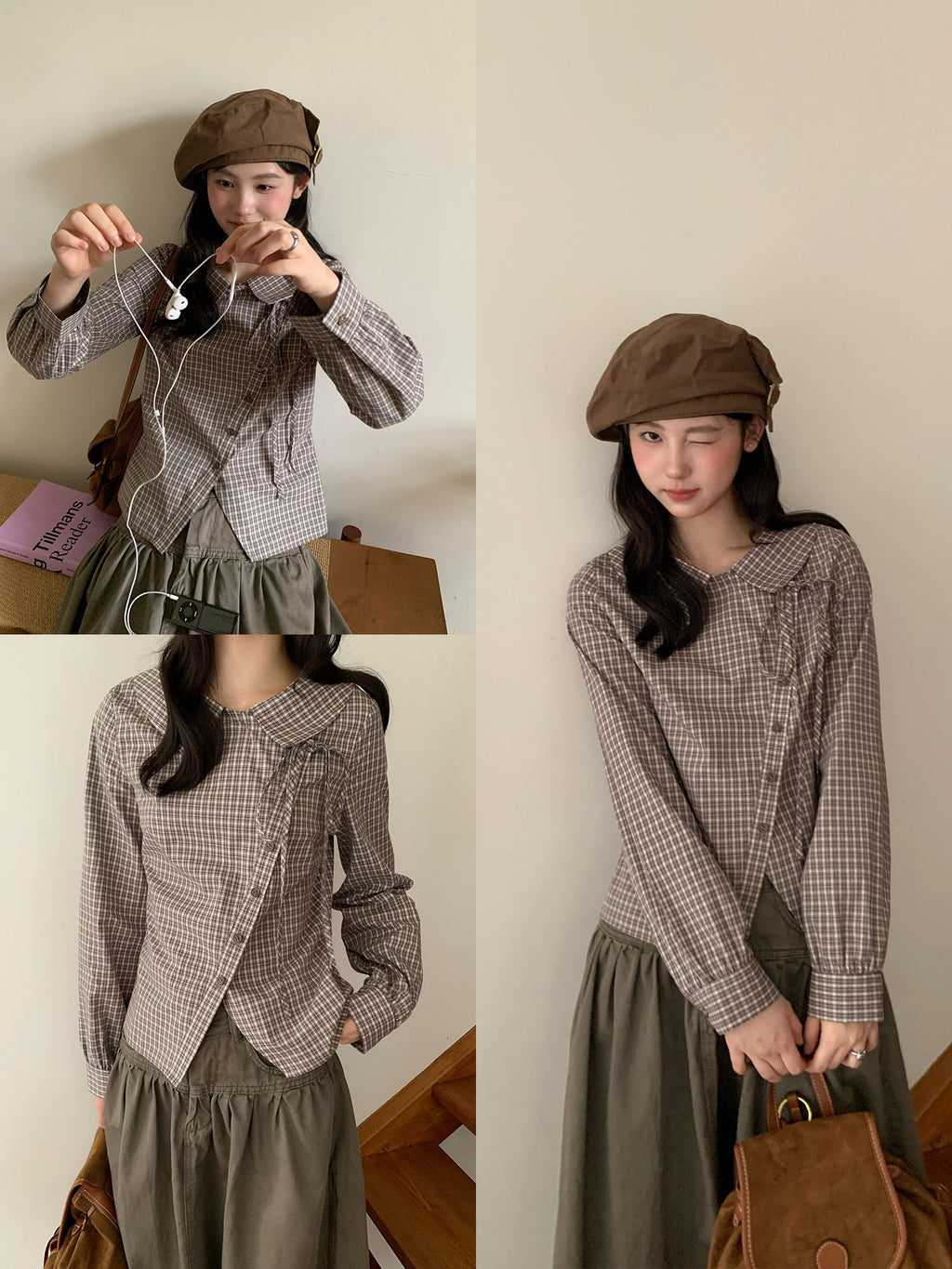 韓国風レトロチェック アシンメトリーボタン長袖シャツ   SS066