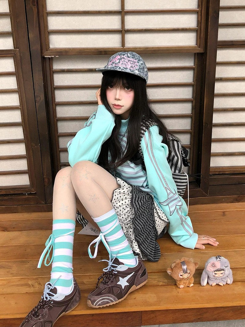 Y2Kミントボーダー スタンドカラーフルジップスウェット  SS011