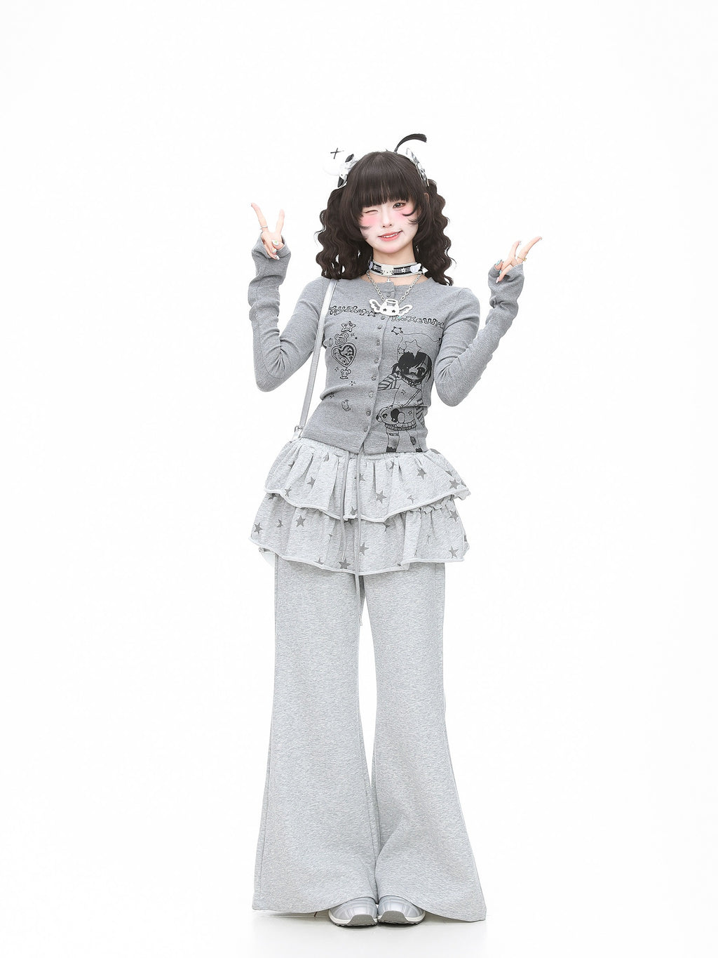 Y2Kサブカル クロップド丈フレアスリーブ長袖トップス    SS053