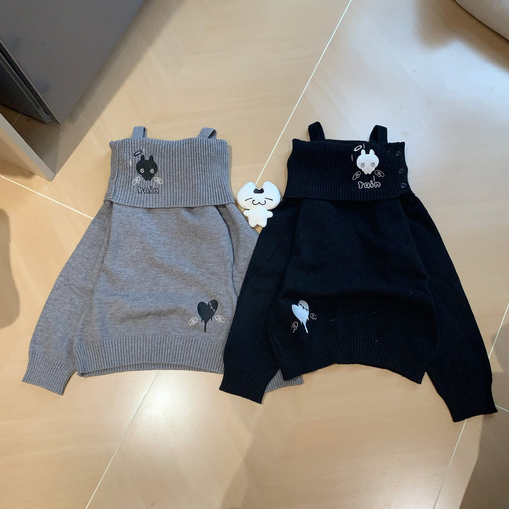 バニー刺繍 カットアウトショルダー スリムニットトップス   SS019