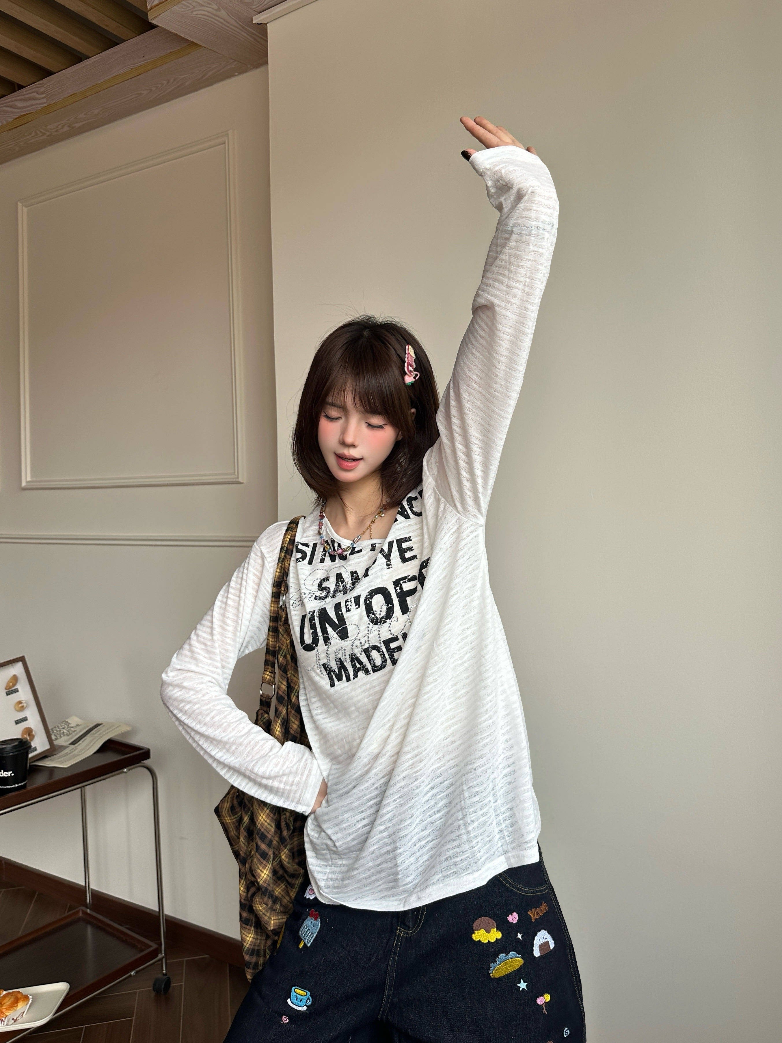 韓国レトロ ボーダーロゴ アシンメトリー長袖Tシャツ  SS016