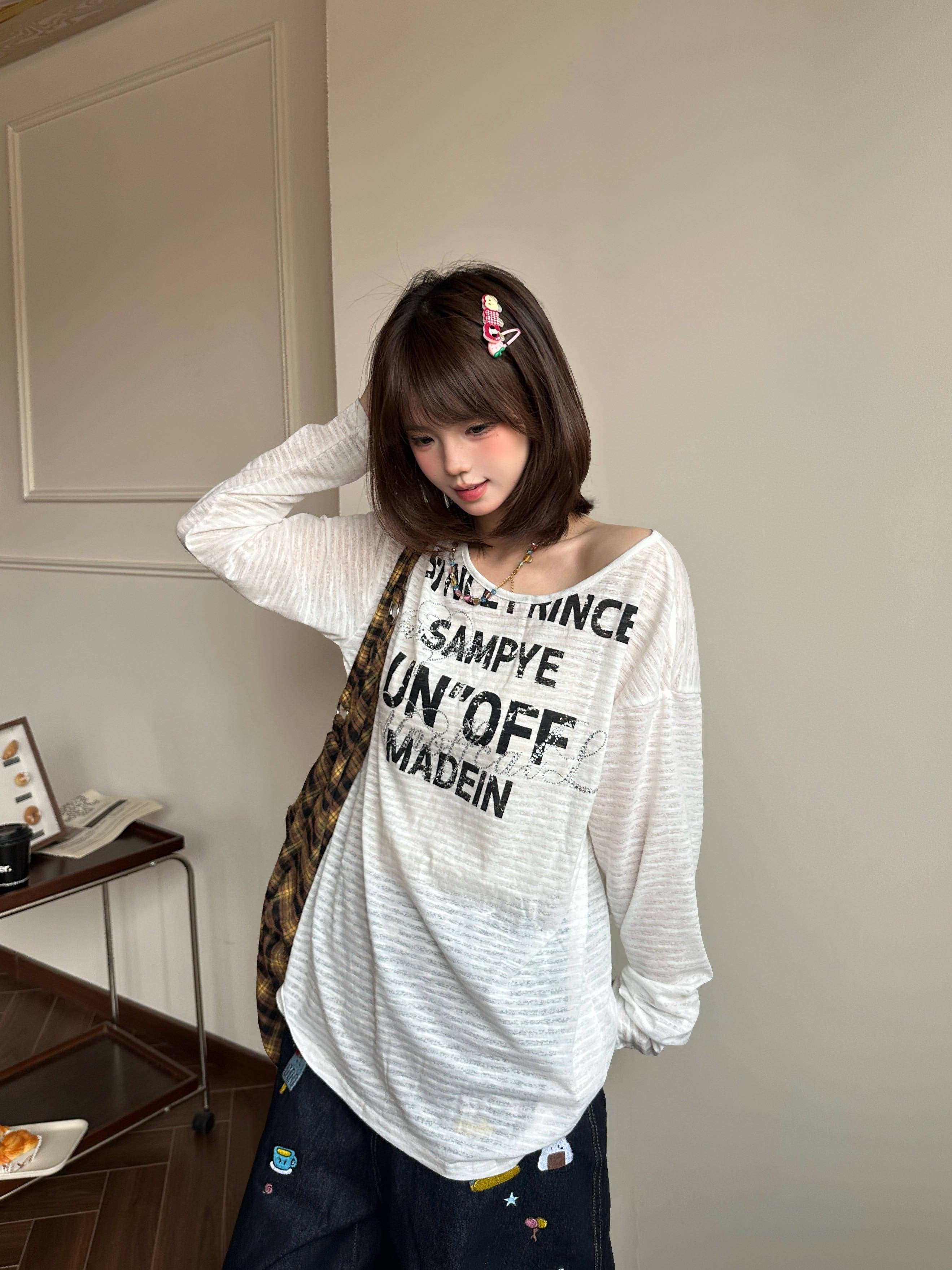 韓国レトロ ボーダーロゴ アシンメトリー長袖Tシャツ  SS016