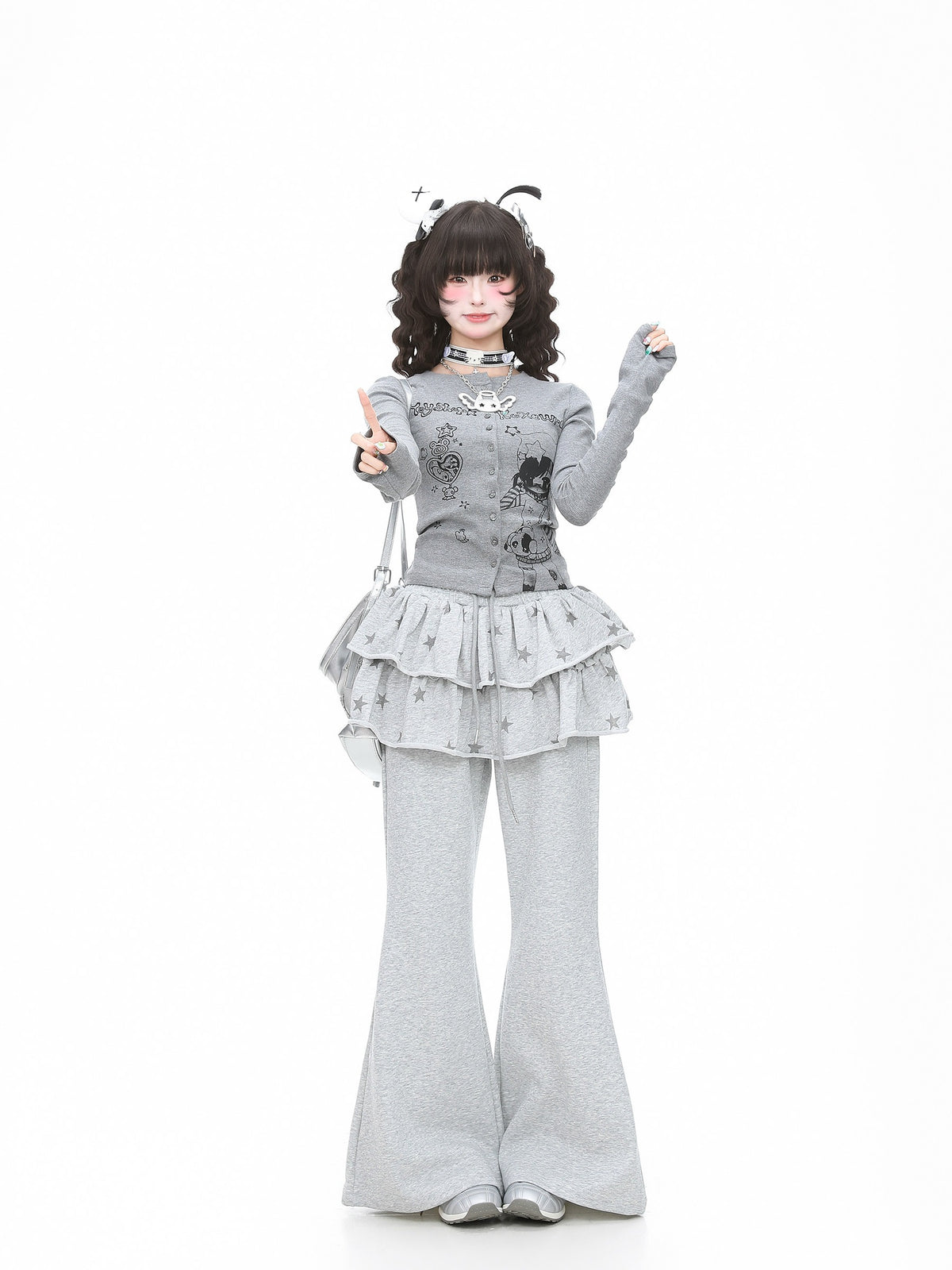 Y2Kサブカル クロップド丈フレアスリーブ長袖トップス    SS053