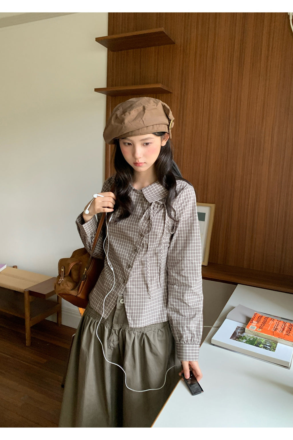 韓国風レトロチェック アシンメトリーボタン長袖シャツ   SS066