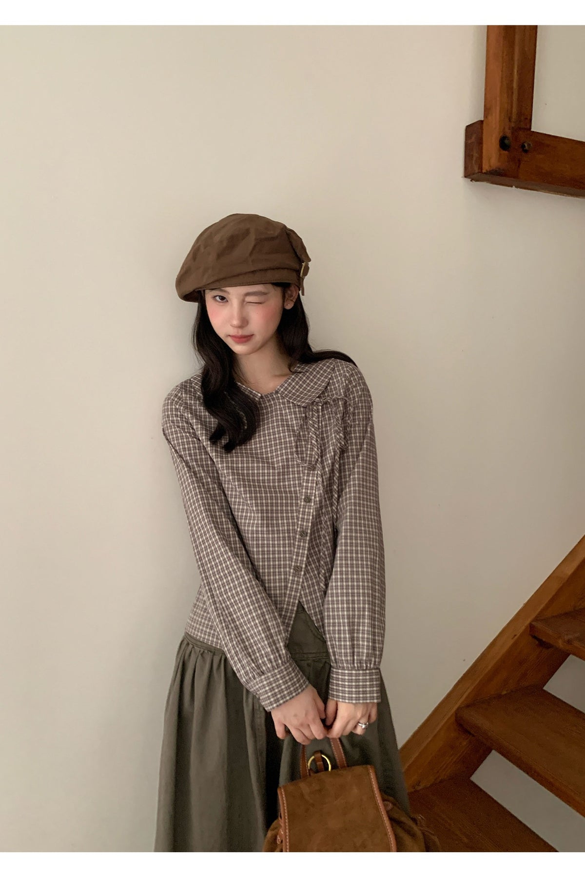 韓国風レトロチェック アシンメトリーボタン長袖シャツ   SS066