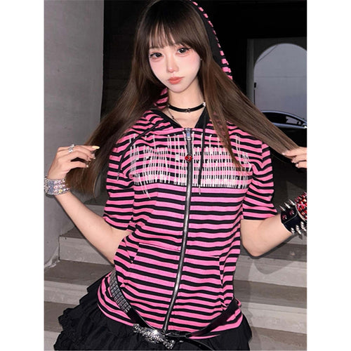Y2K 서브컬처 보더 후드 슬림 티셔츠 SS009