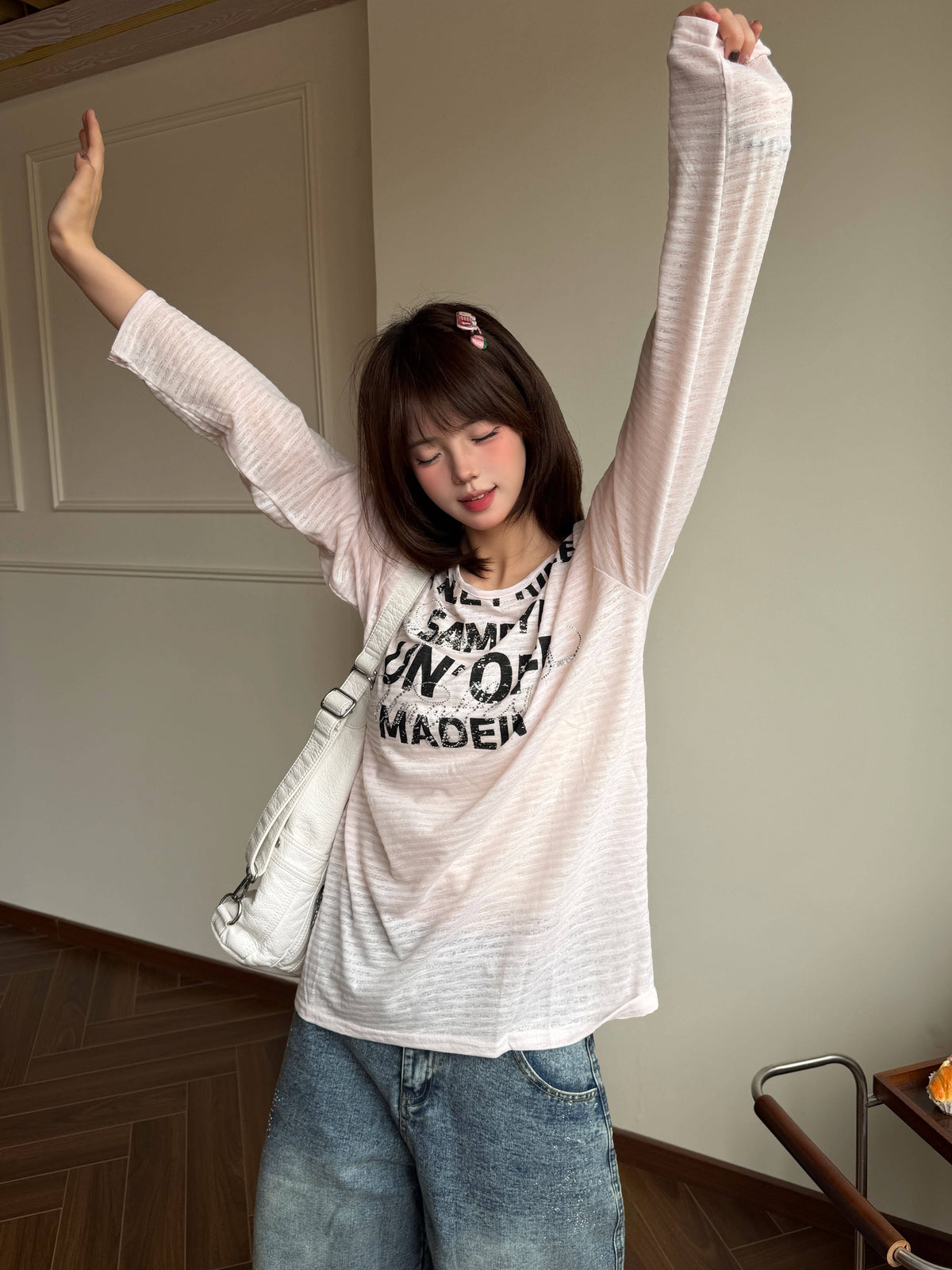 韓国レトロ ボーダーロゴ アシンメトリー長袖Tシャツ  SS016