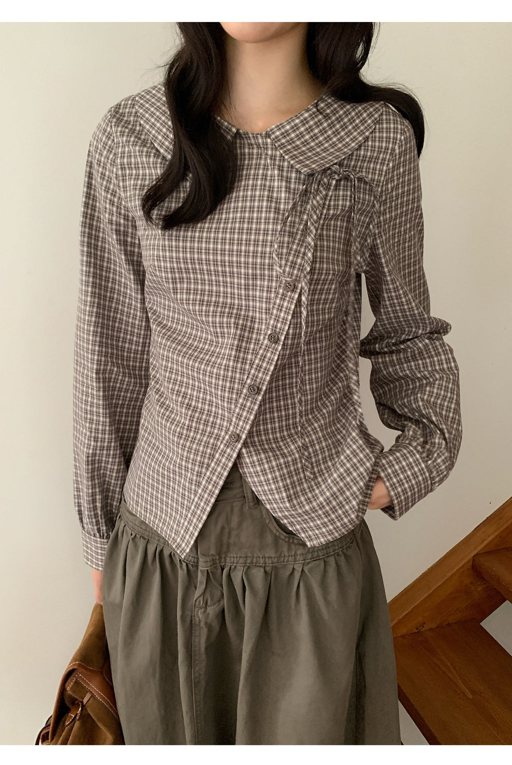 韓国風レトロチェック アシンメトリーボタン長袖シャツ   SS066