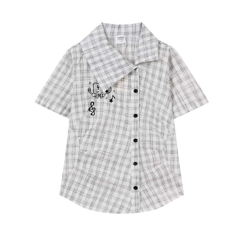 キャット刺繍 レトロチェック半袖シャツ      SS050