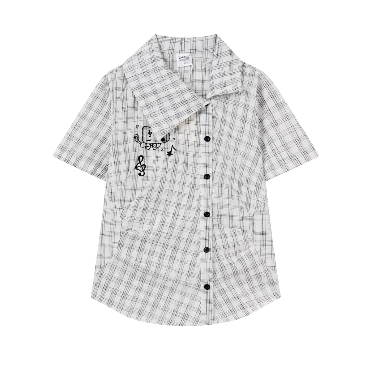 キャット刺繍 レトロチェック半袖シャツ      SS050